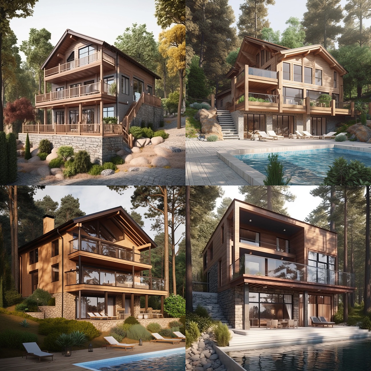 Еще несколько сгенерированных изображений по запросу "Большой современный экологичный дом в лесу у воды". Впечатляет, не правда ли?